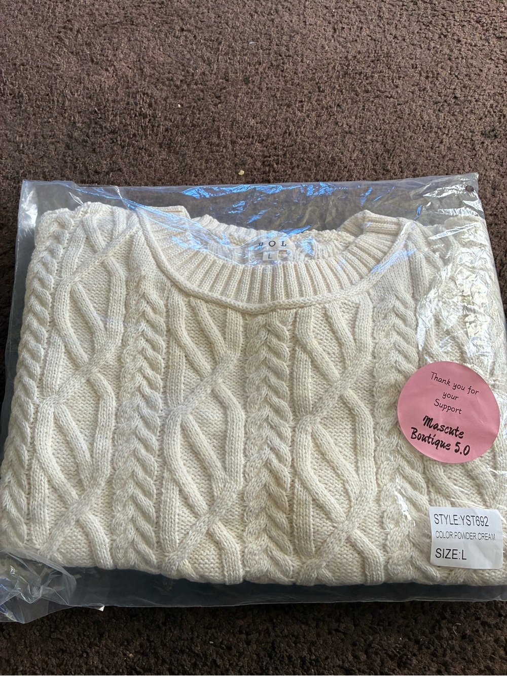 POL Powder Cream Cable-Knit Crewneck Sweater